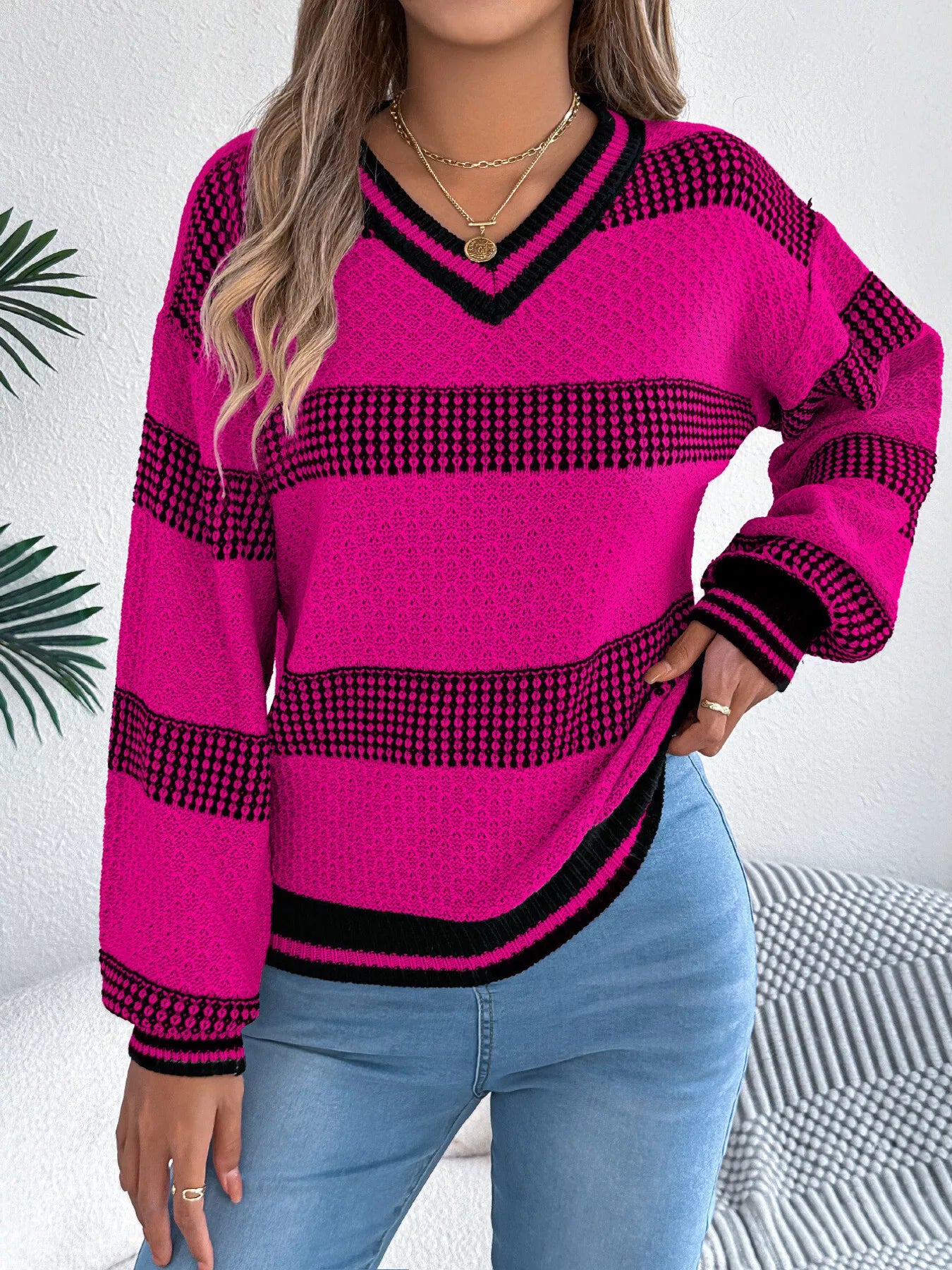 Contrast Striped V-Neck Sweater