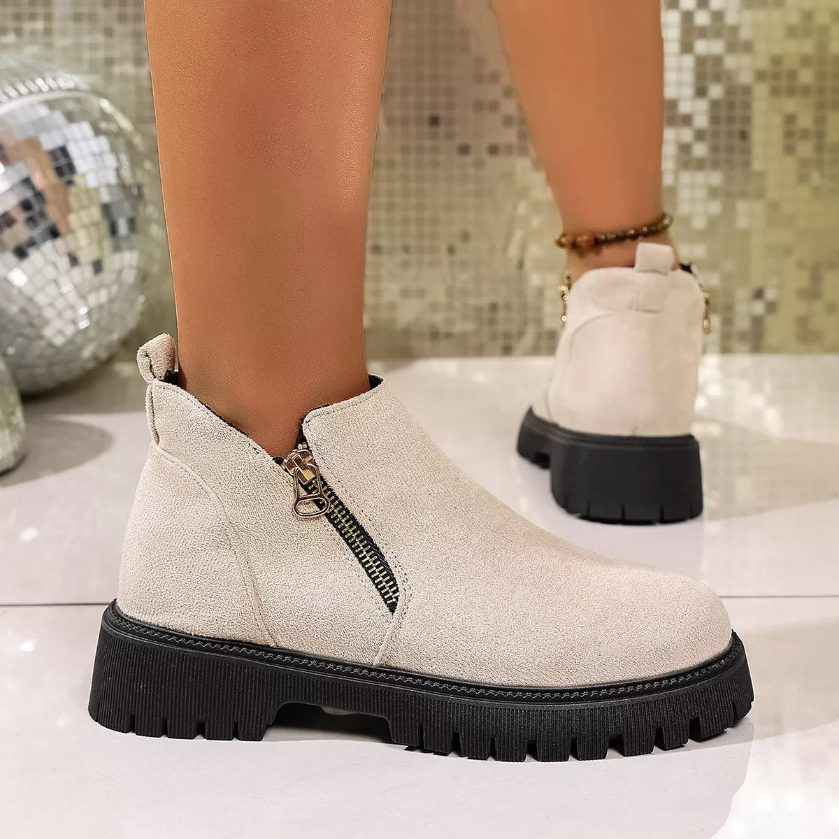 Round Toe Side Zip Ankle Boots