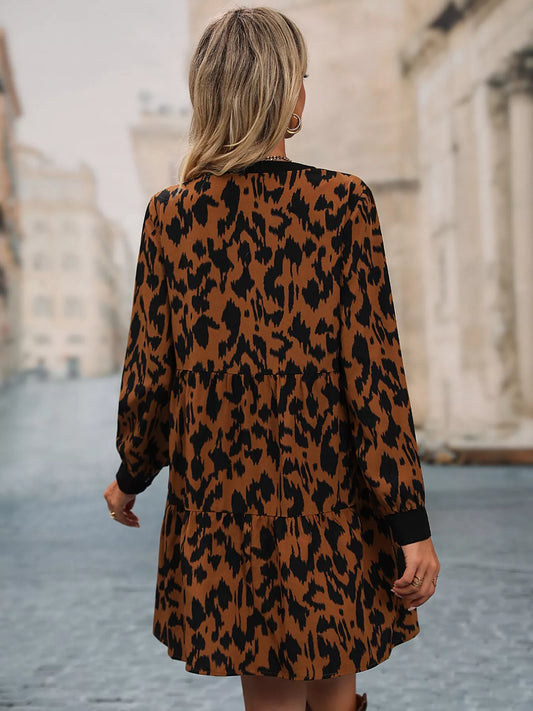 Leopard Tie Neck Long Sleeve Dress