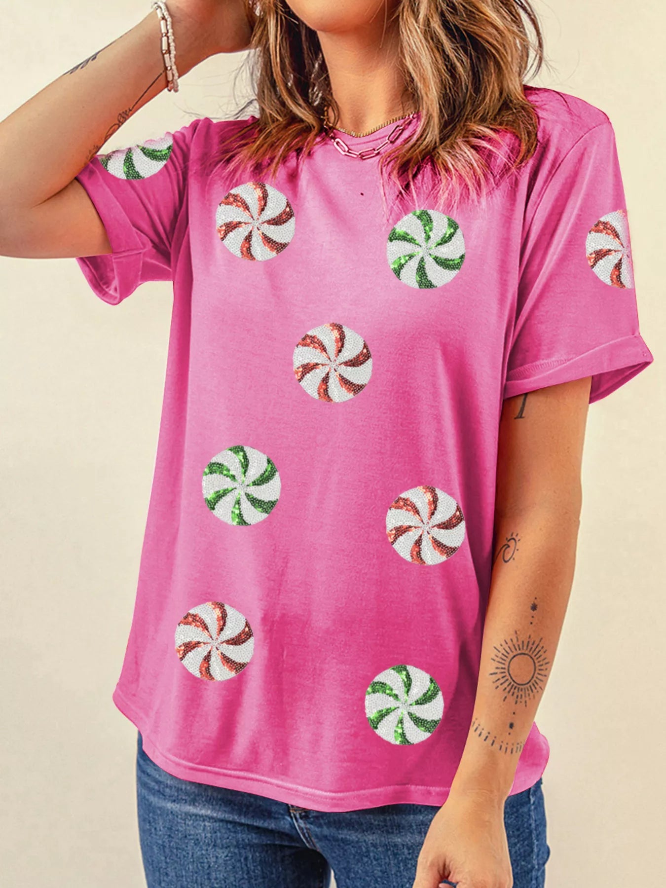 Sequined Candy Swirl Christmas Short Sleeve T Shirt Fuchsia Pink