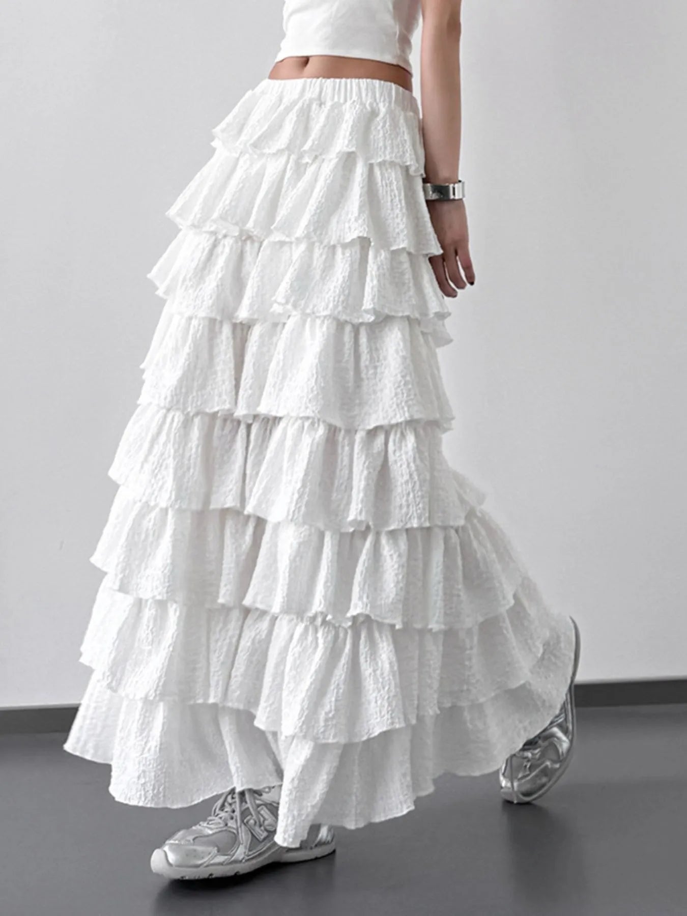 Ruffle Layered Maxi Skirt White