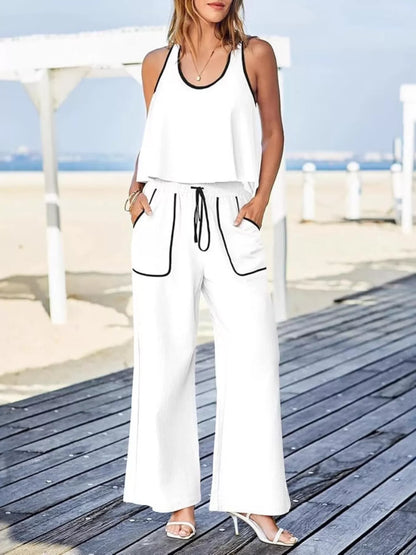 Contrast Trim Tank and Pants Set White
