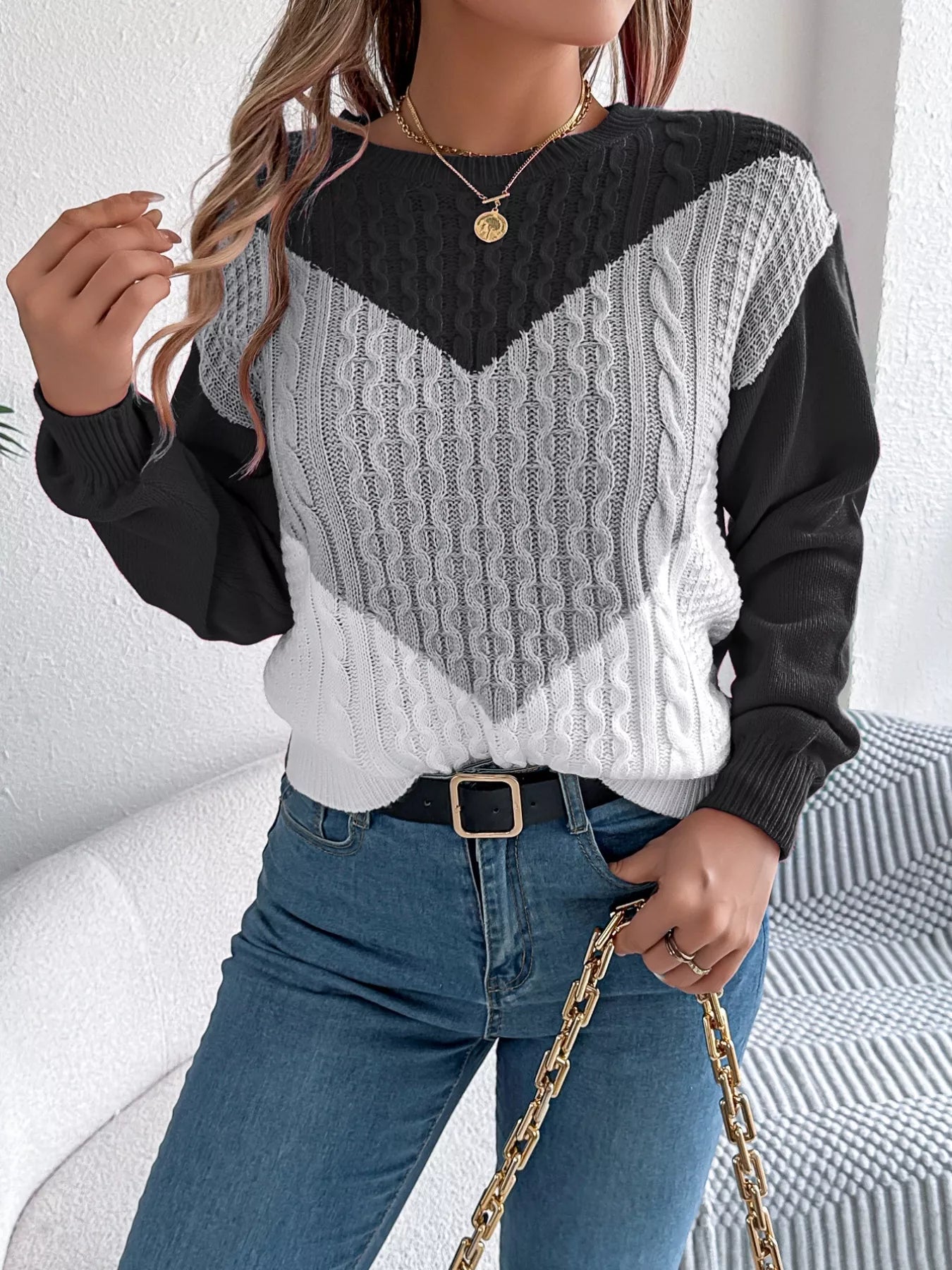 Color Block Cable Knit Sweater Dark Gray