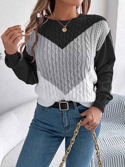 Color Block Cable Knit Sweater Dark Gray