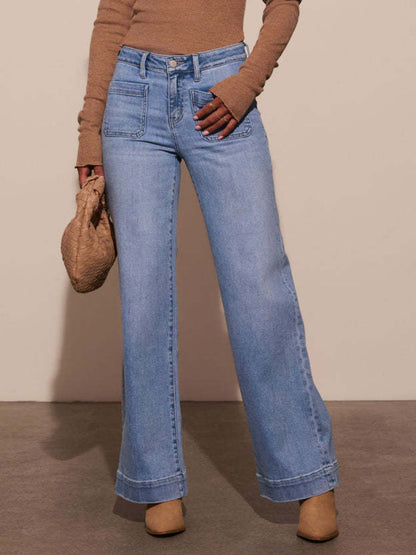 High Rise Front Pocket Patch Wide Leg Jeans Light