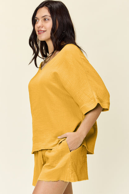 Textured Cotton T-Shirt and Drawstring Shorts Set