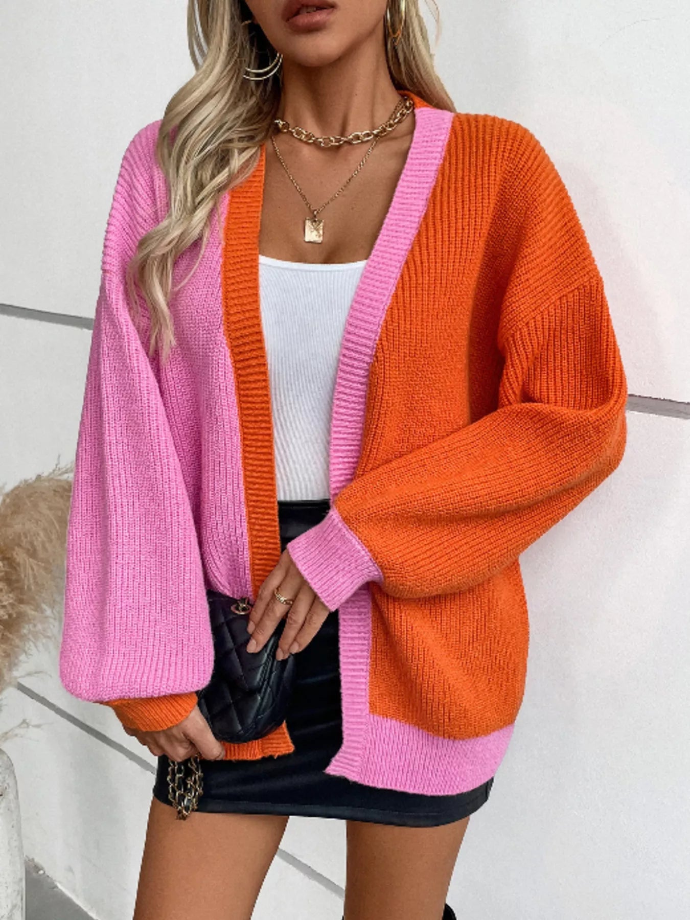 Color Block Open Front Knit Cardigan Orange