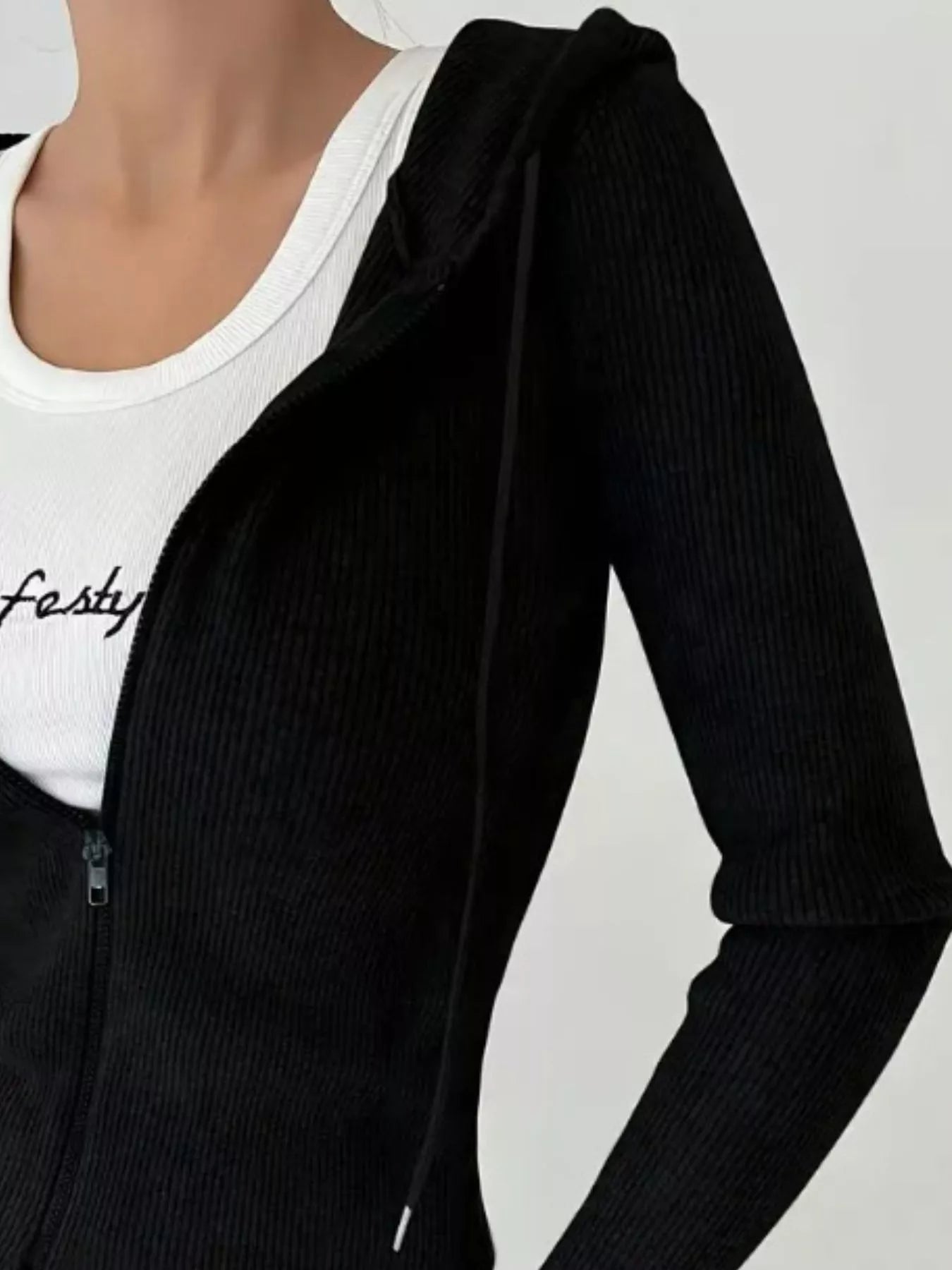 Ribbed Knit Zip-Up Hooded Cardigan