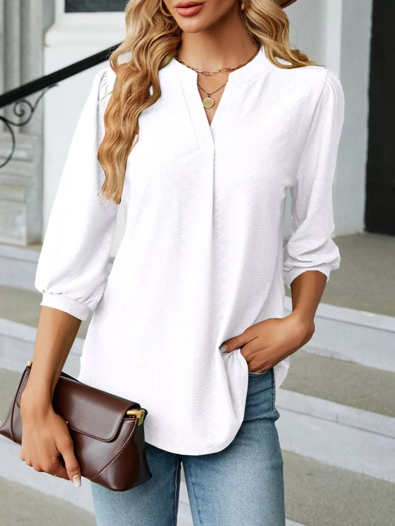 Notched 3/4 Sleeve Casual Top