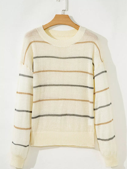 Stripe Striped Ribbed Edge Drop Shoulder Sweater