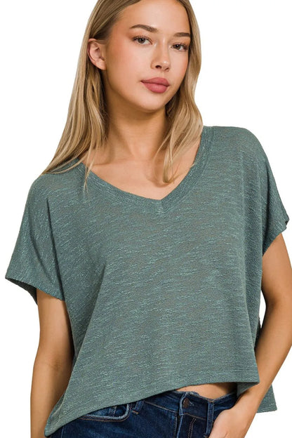 Zenana Hacci Slub V-neck Drop Shoulder Crop Top ASH JADE