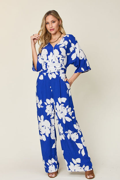 Printed Tie-Back Wide-Leg Jumpsuit Royal Blue