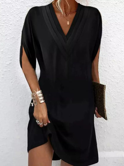 Full Size V-Neck Slit Sleeve Mini Dress Plus Size Black
