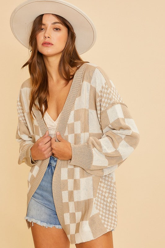 Back To School Sweater - Annie Wear Checkered Open Front Drop Shoulder Cardigan Tan
