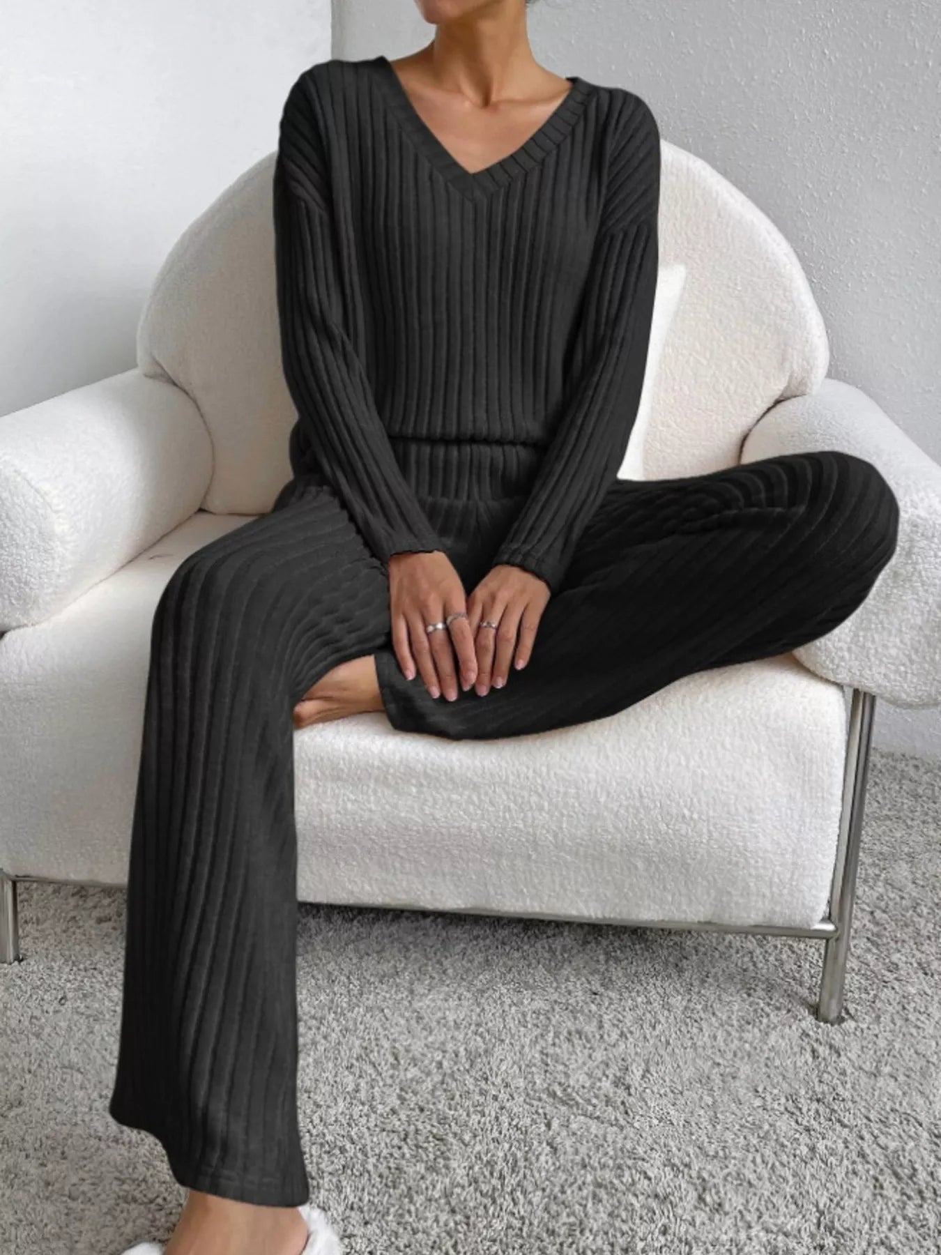 Ribbed Knit Long Sleeve Top and Pants Set