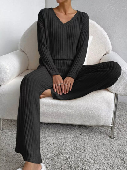 Ribbed Knit Long Sleeve Top and Pants Set