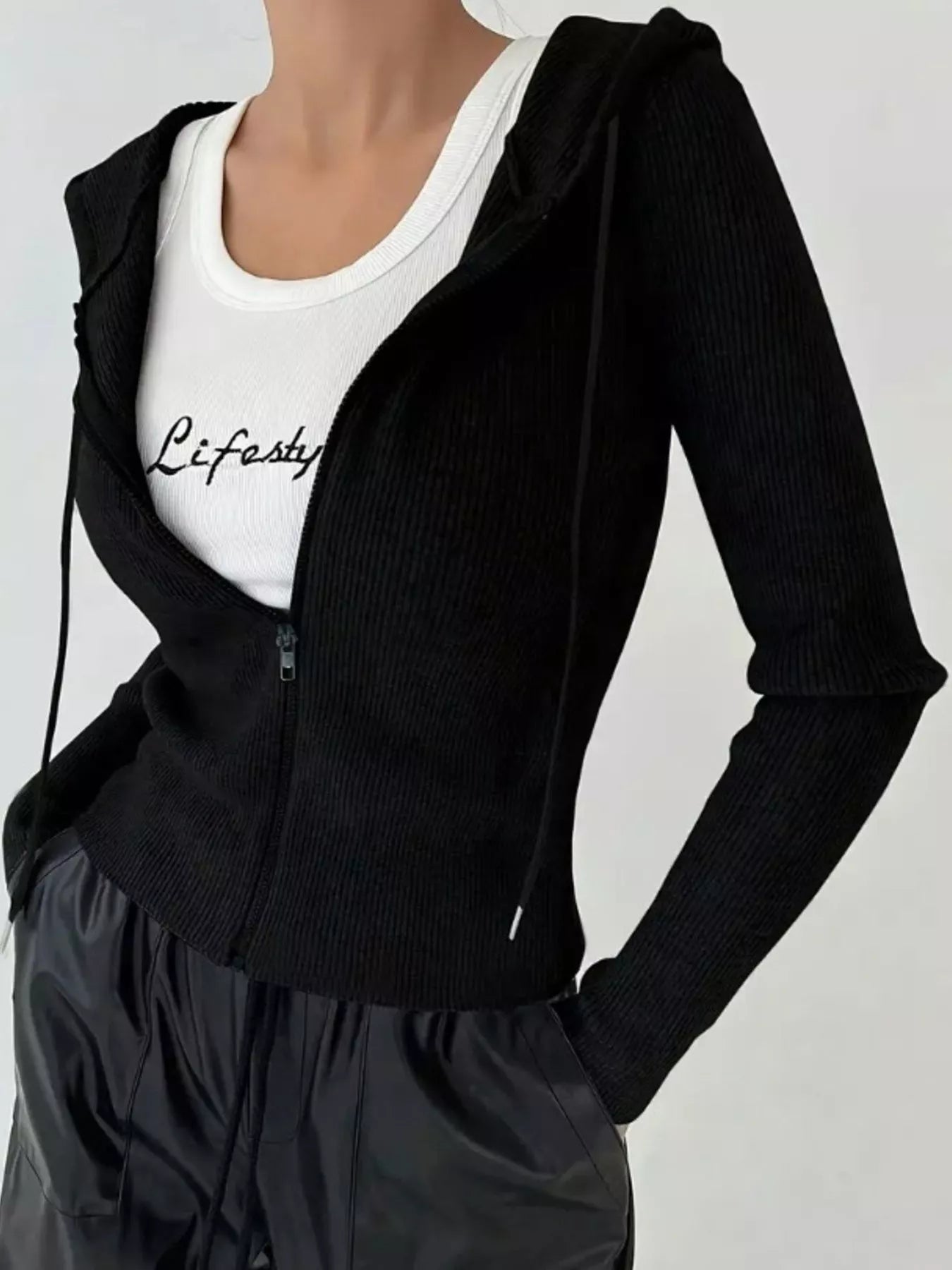 Ribbed Knit Zip-Up Hooded Cardigan Black