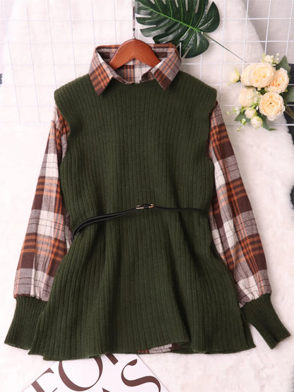 Plaid Long Sleeve Sweater Dress Green One Size