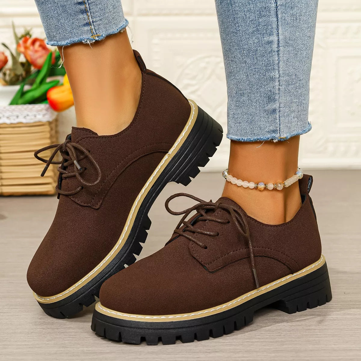 Lace-Up Platform Loafers Brown