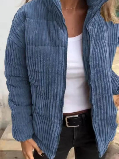 Full Size Zip Up Turtleneck Long Sleeve Winter Coat Plus Size Blue