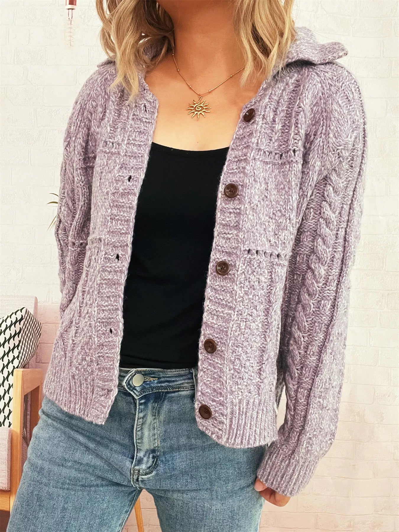 Openwork Cable Knit Button-Up Cardigan