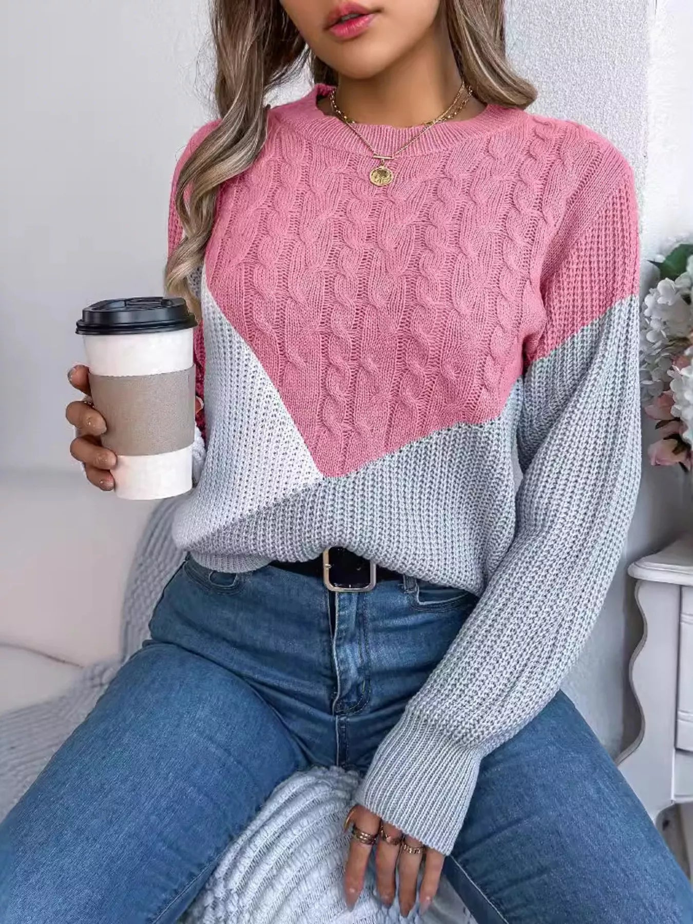 Color Block Cable Knit Long Sleeve Sweater Pink