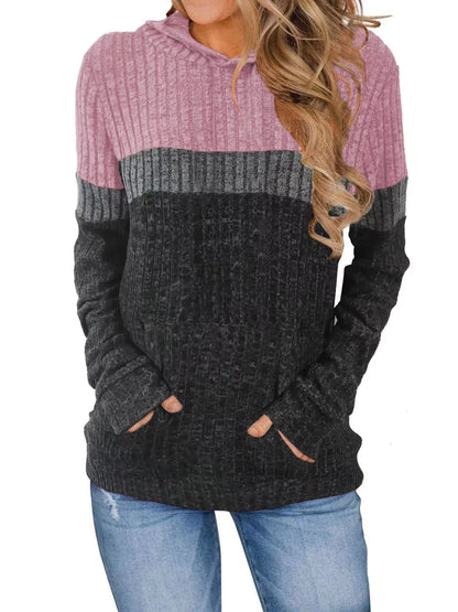 Full Size Color Block Ribbed Knit Hoodie Plus Size Pink