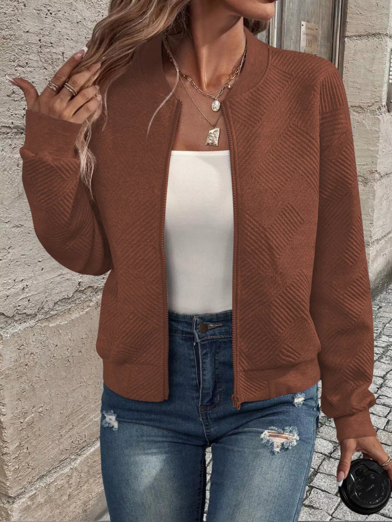Texture Zip-Up Bomber Jacket Caramel Color