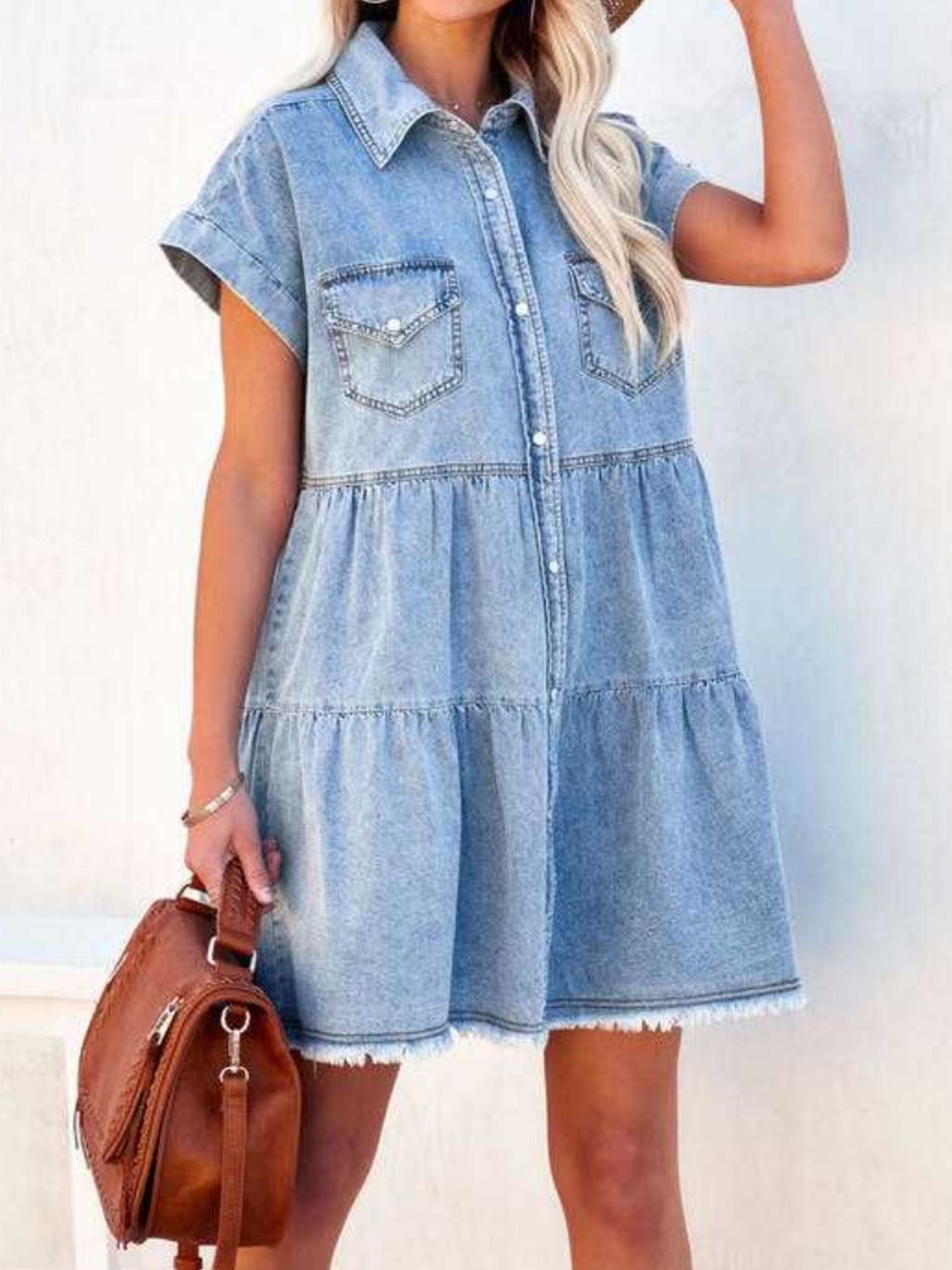Raw Hem Short Sleeve Denim Dress Light Blue