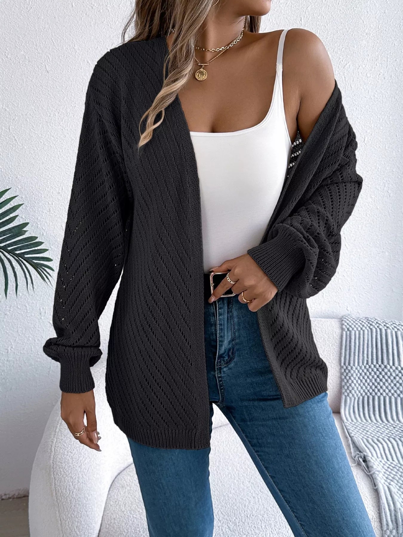 Openwork Open-Front Long Sleeve Cardigan Black