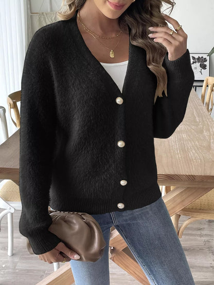 Fuzzy Knit V-Neck Cardigan Black