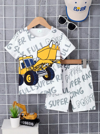 Children's Round Neck Cartoon Graphic T-Shirt and Shorts Set White