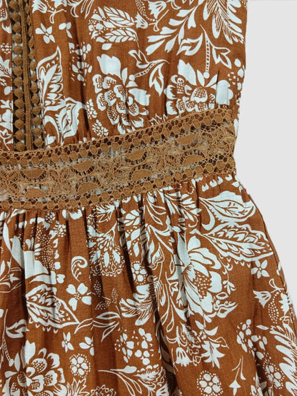 Lace Detail Printed Short Sleeve Midi Dress