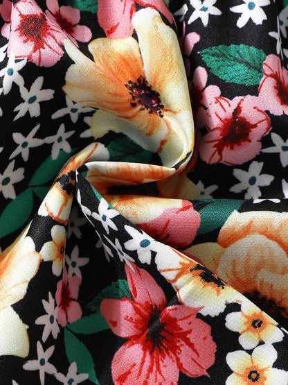 Children's Ruffled Bow Contrast Floral Dress with Headband