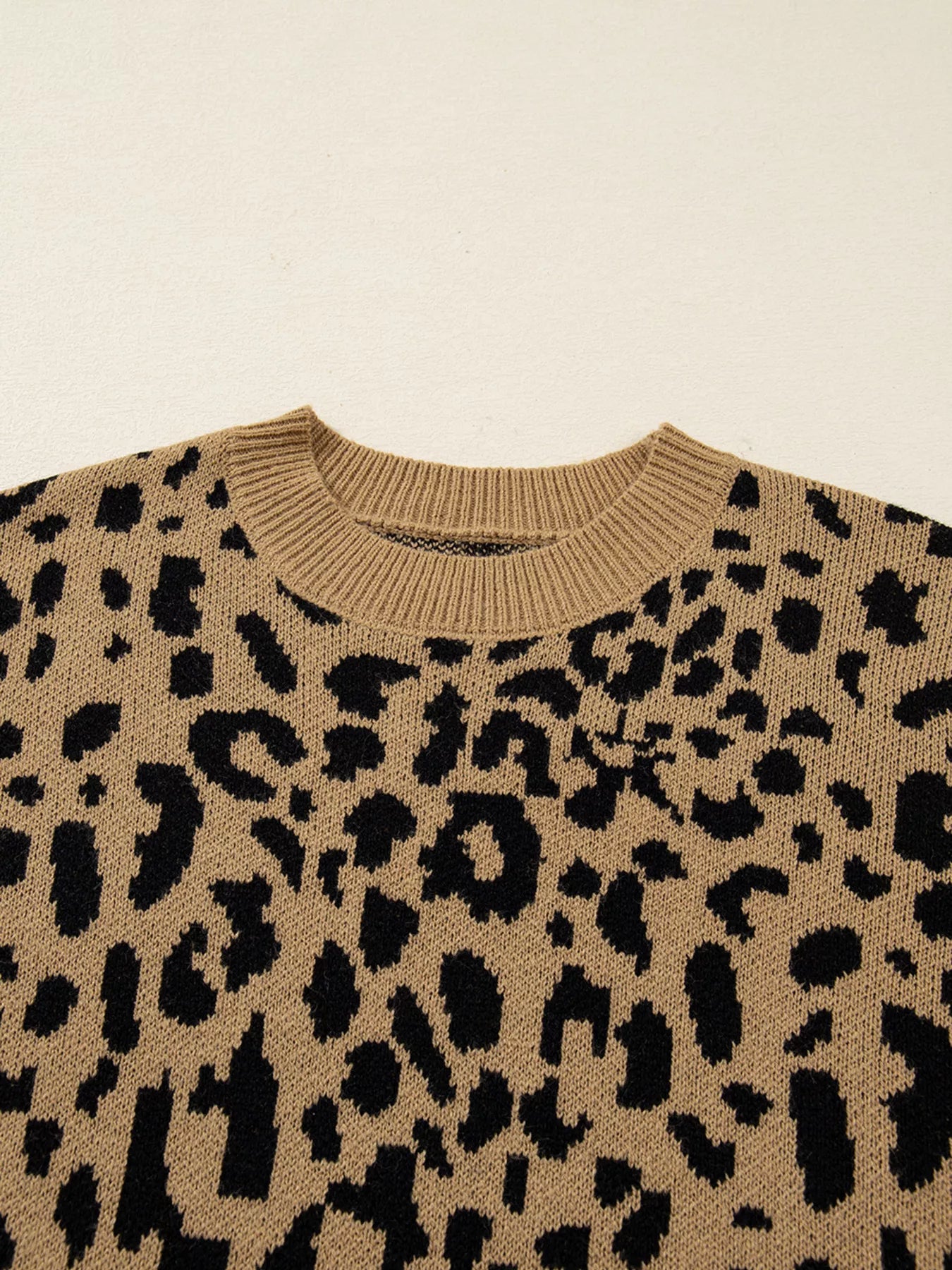 Ribbed Trim Round Neck Leopard Drop Shoulder Sweater