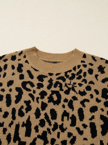 Ribbed Trim Round Neck Leopard Drop Shoulder Sweater