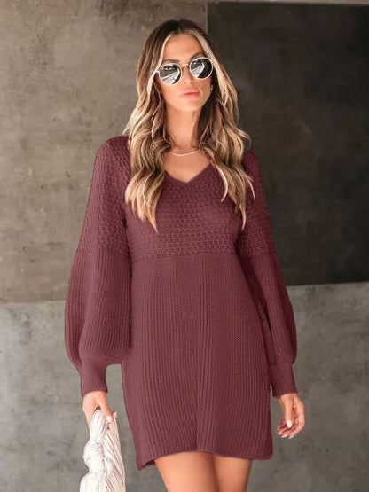 Perfee V-Neck Long Sleeve Sweater Dress Burgundy