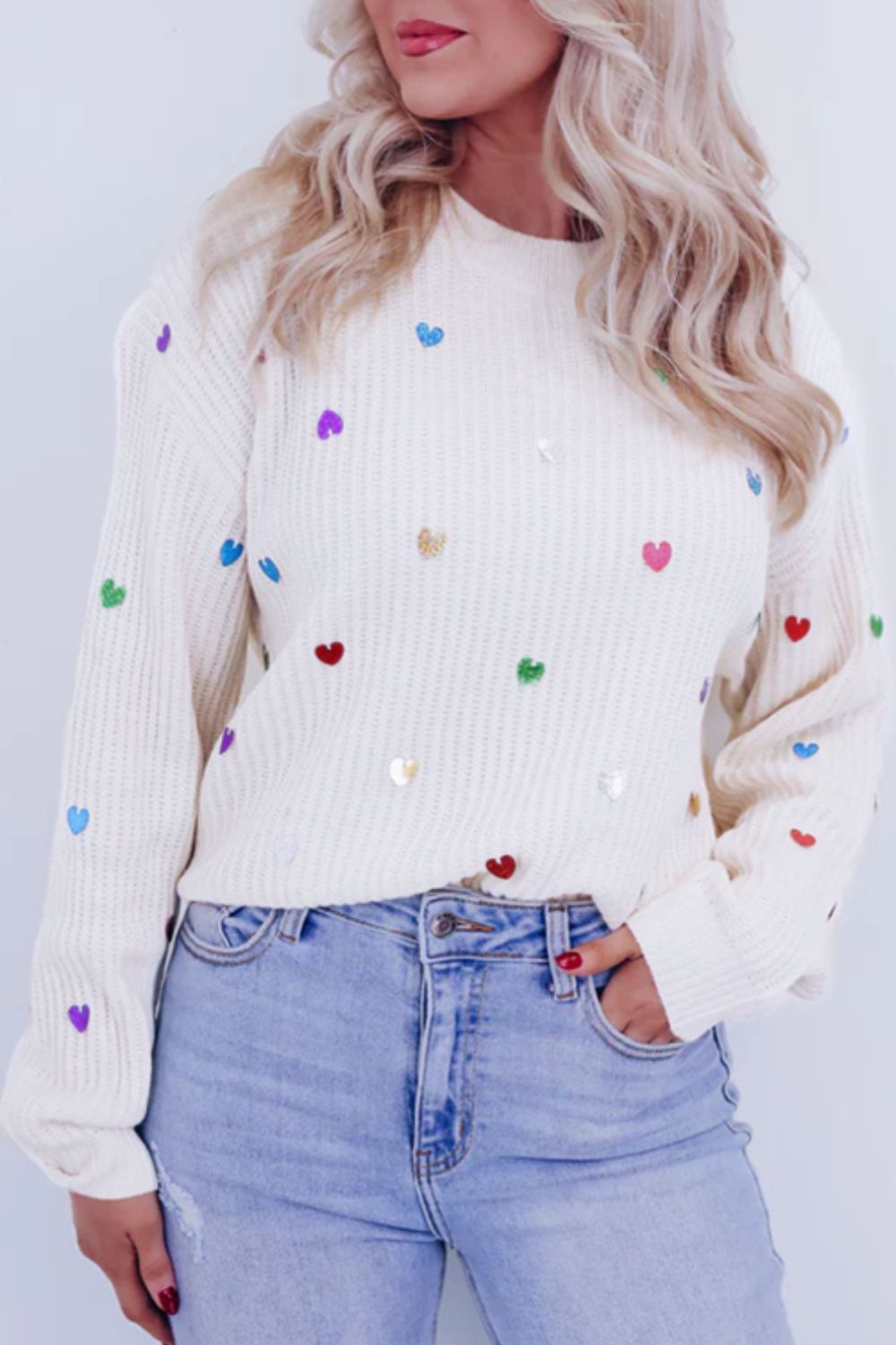 Heart Sequin Round Neck Long Sleeve Sweater White