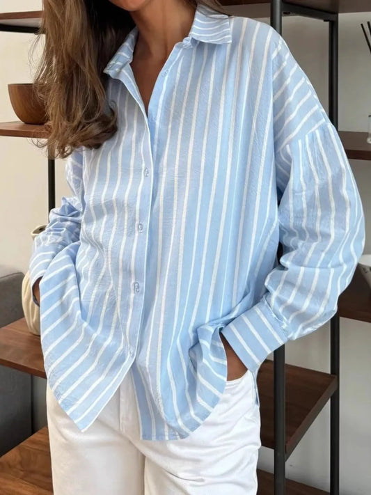 Striped Oversized Button-Down Shirt Blue