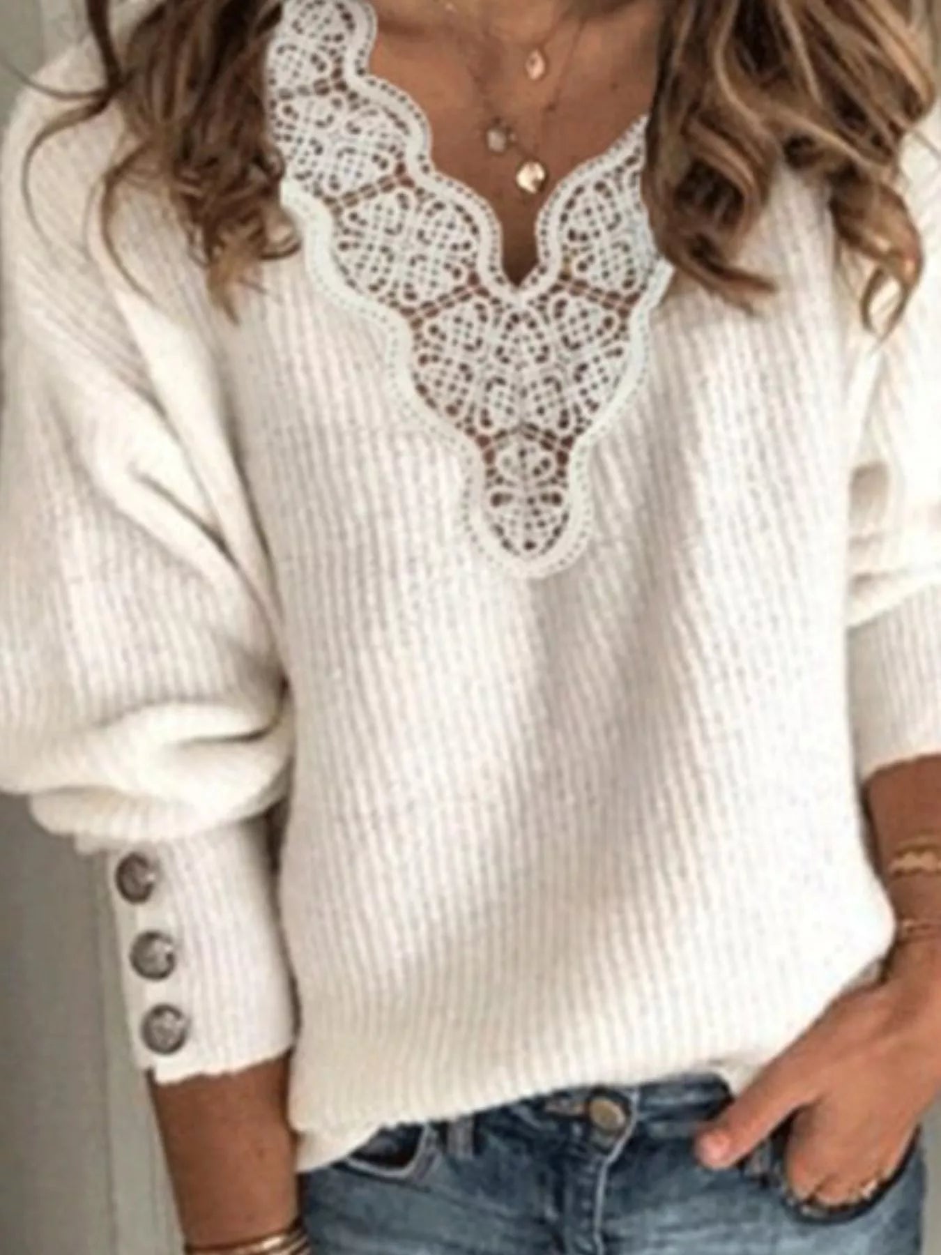 Full Size Lace Trim V-Neck Sweater Plus Size