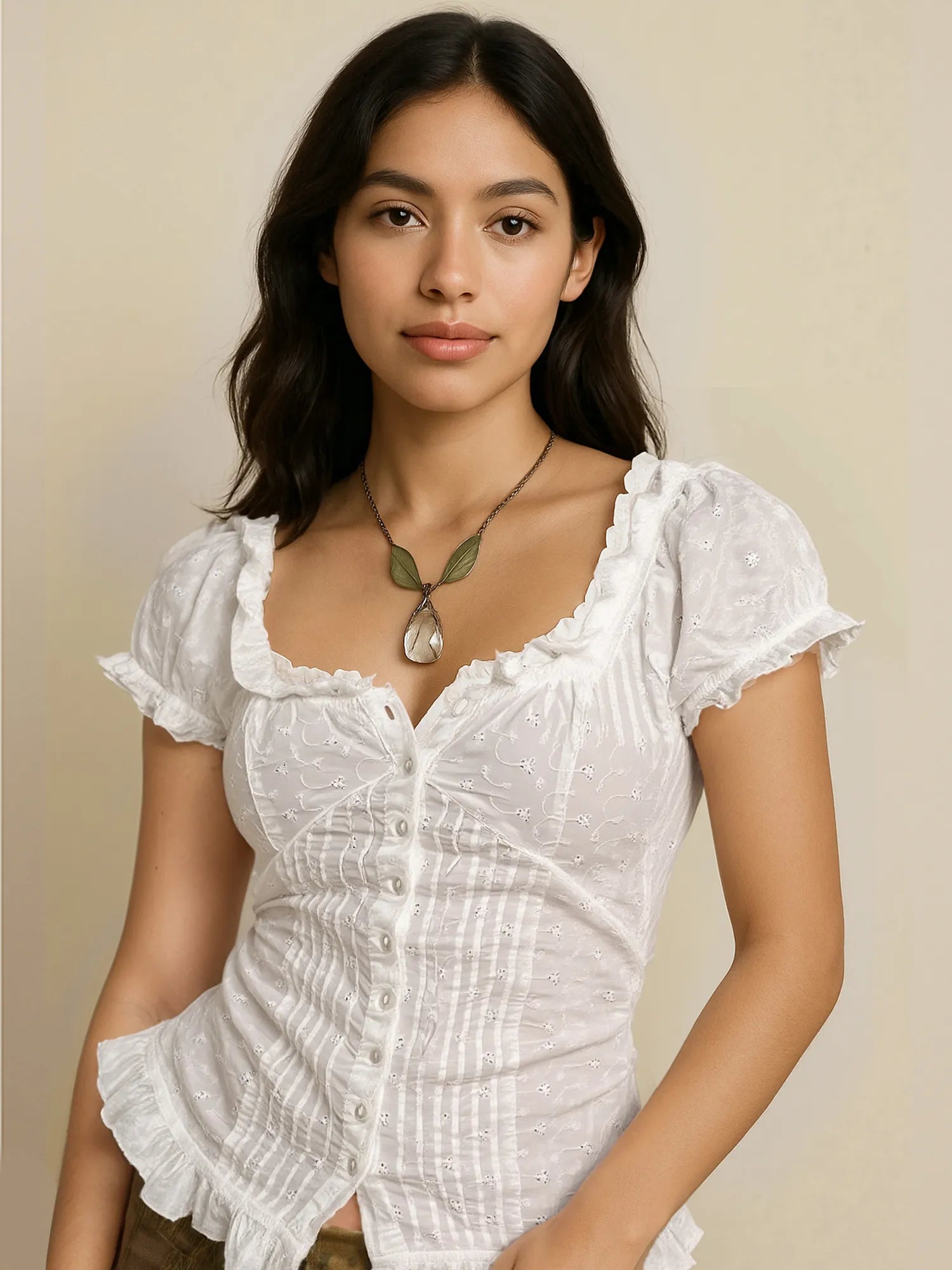 Frill Button Up Short Sleeve Shirt White