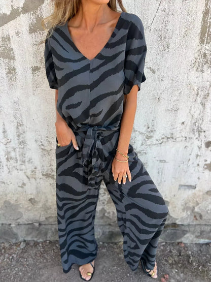 Zebra Print V-Neck Top and Pants Set Dark Gray
