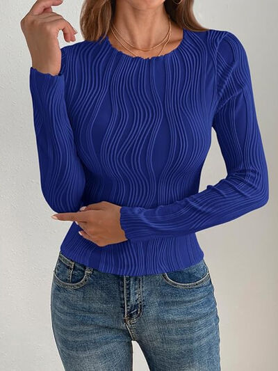 Textured Round Neck Long Sleeve Top Navy