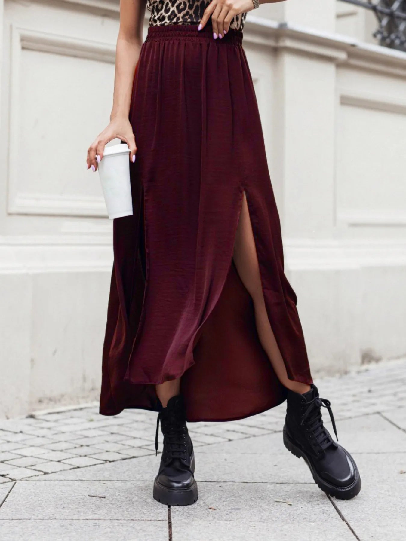 Elastic Waistband High-Slit Maxi Skirt Burgundy