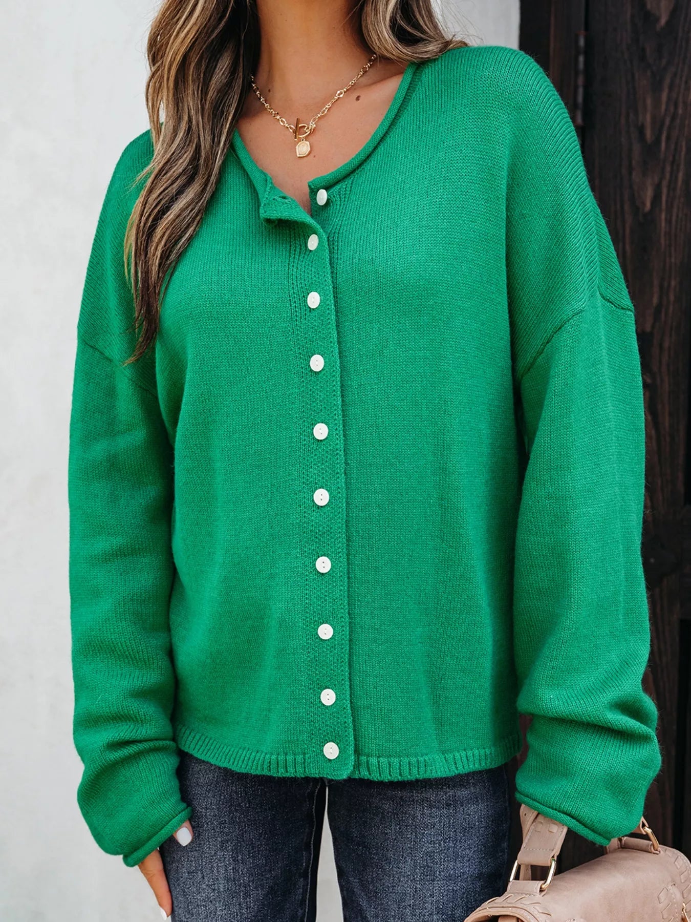 Solid Color Knit Button Drop Shoulder Sweater Cardigan