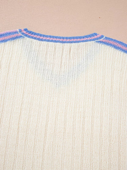 Striped V Neck Dolman Sleeve Rib Knit Oversized Sweater with Slits