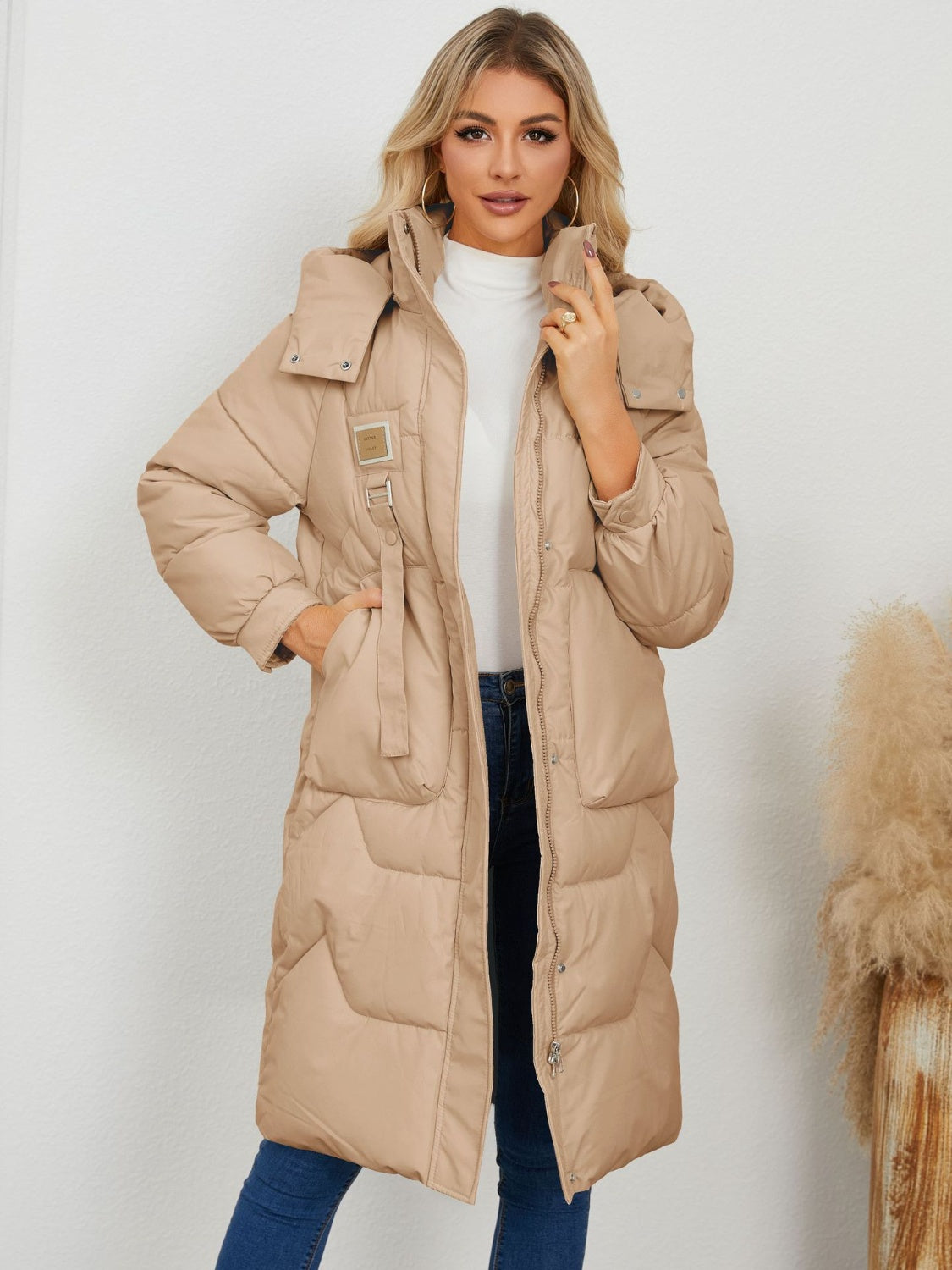 Long Sleeve Longline Hooded Winter Coat Camel