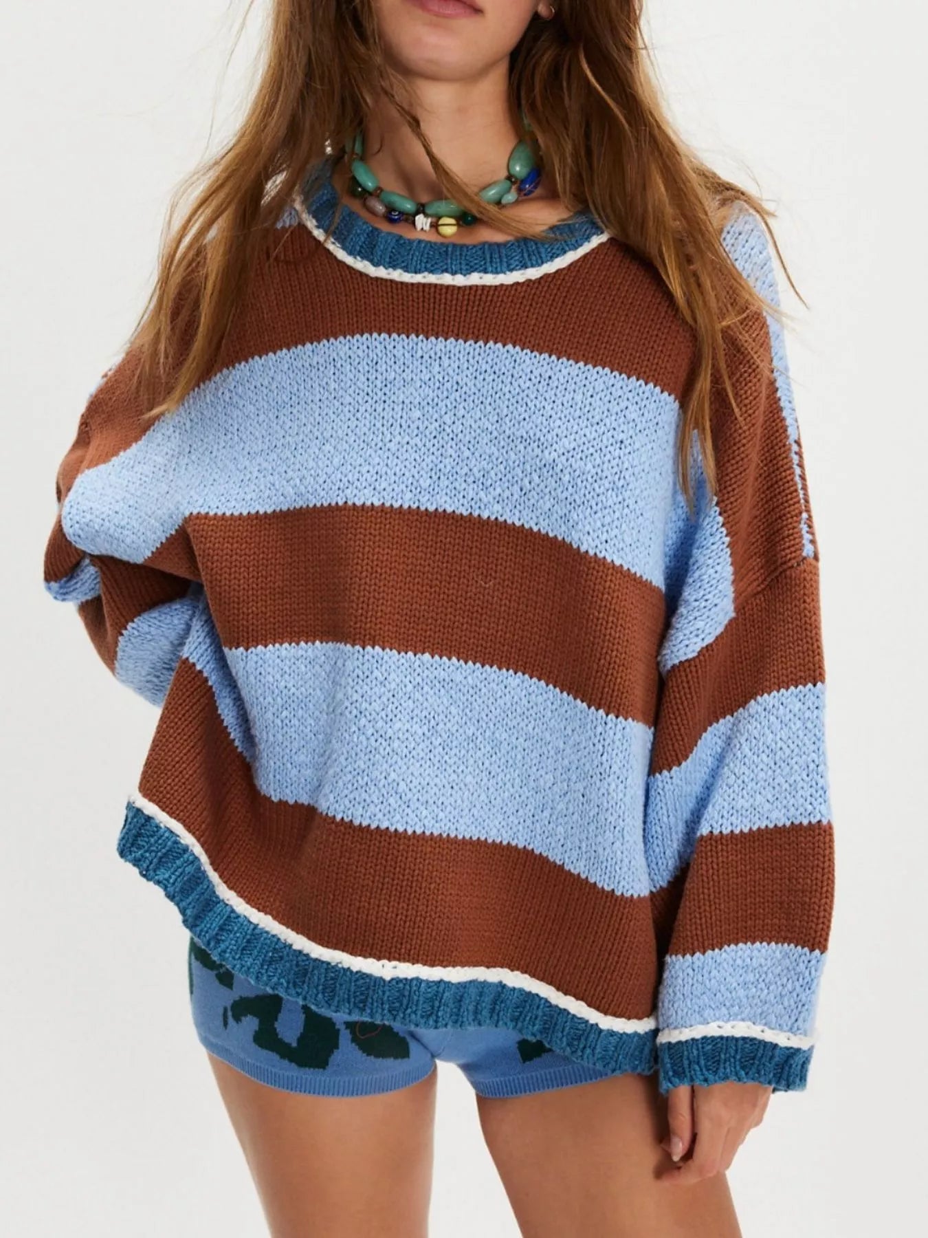 Color Block Round Neck Sweater Brown