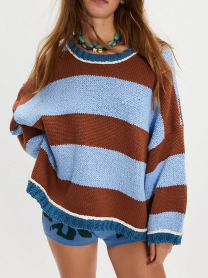 Color Block Round Neck Sweater Brown