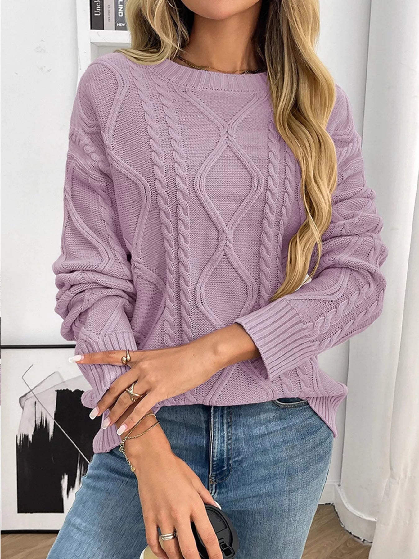 Cable Knit Round Neck Long Sleeve Sweater Lavender